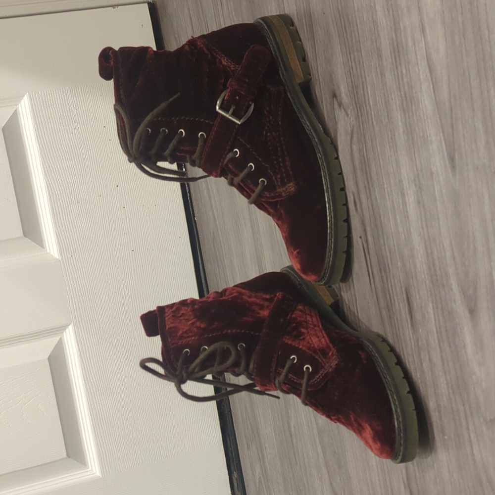 ASOS combat style ankle boots in burgundy crushed velvet, UK size 5/US 7.5